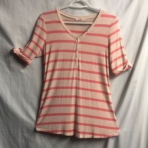 Large cream and salmon pink striped semi sheer layering top